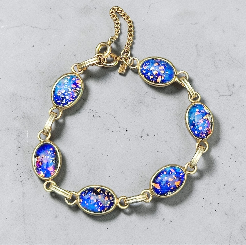 Vintage LongCraft Dichroic Art Glass Cab Bracelet With Safety Chain - Picture 1 of 5